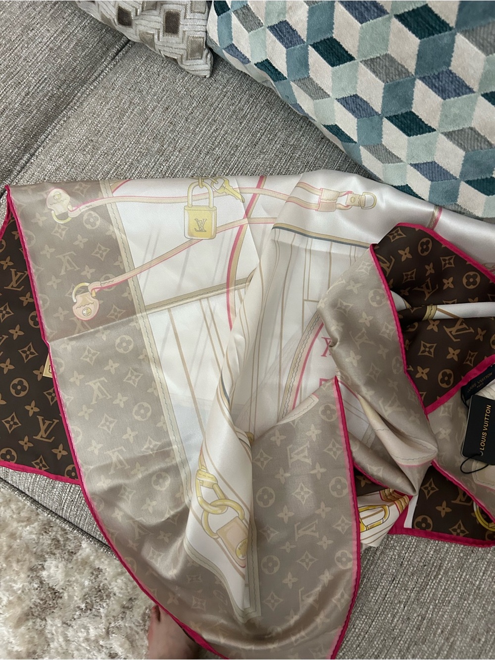 Louis Vuitton Brown Monogram Silk Scarf with Cream, Pink and Gold Accents - Picture 4 of 5